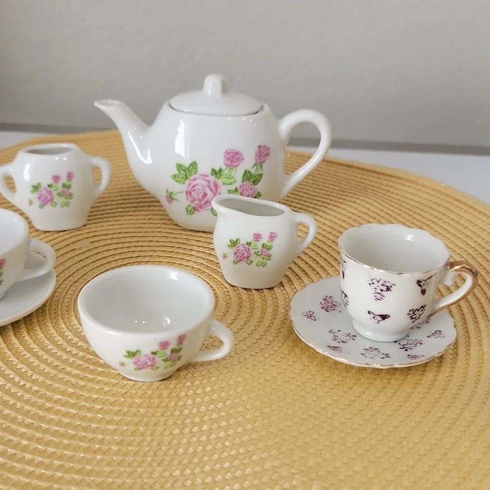 Vintage Miniature Porcelain Tea Set with Pink Rose Pattern